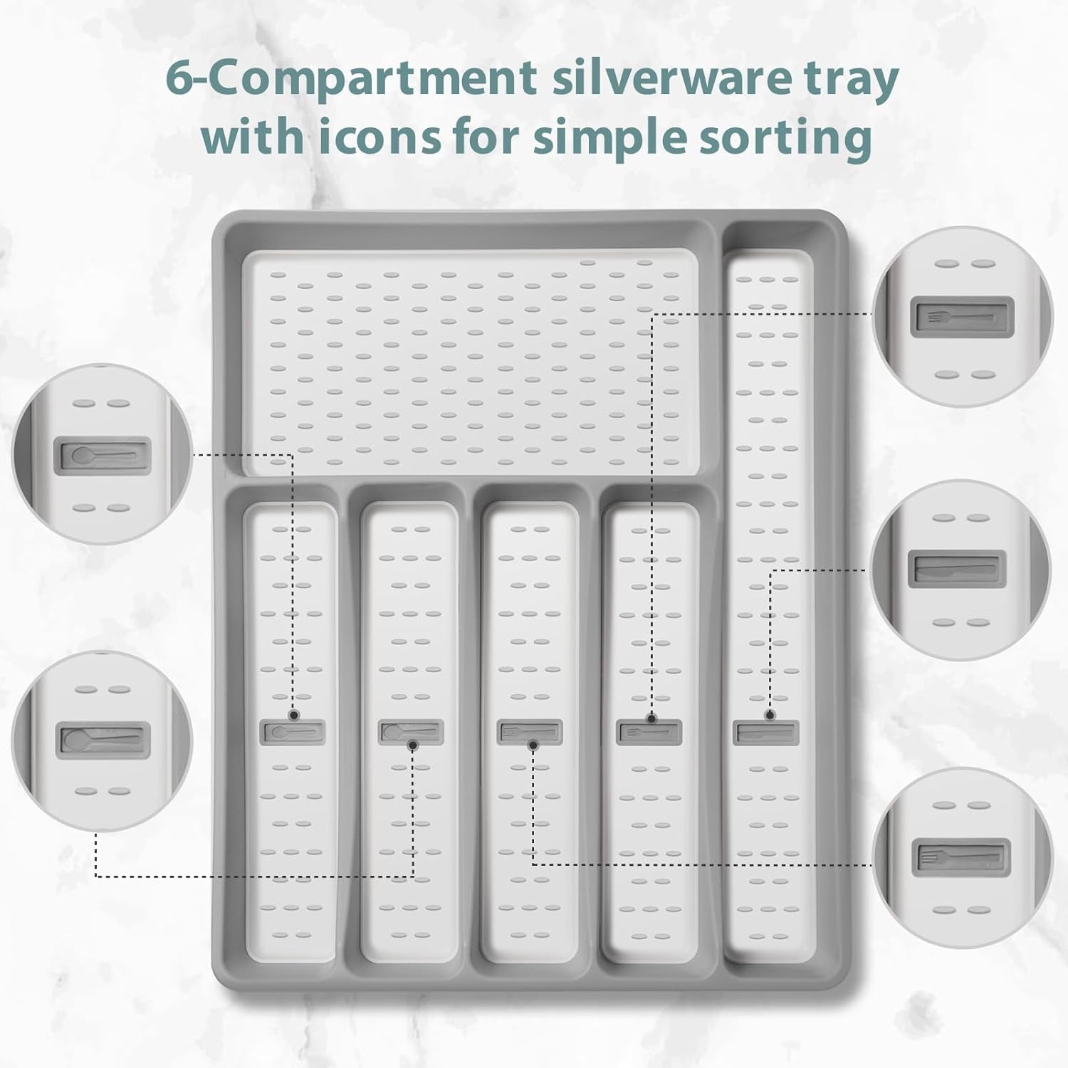 Silverware Organizer with Icons,Plastic Cutlery Silverware Tray for Drawer,Utensil Tableware Flatware Organizer for Kitchen with Non-Slip Tpr,Fits Oversized Drawer,6-Compartment