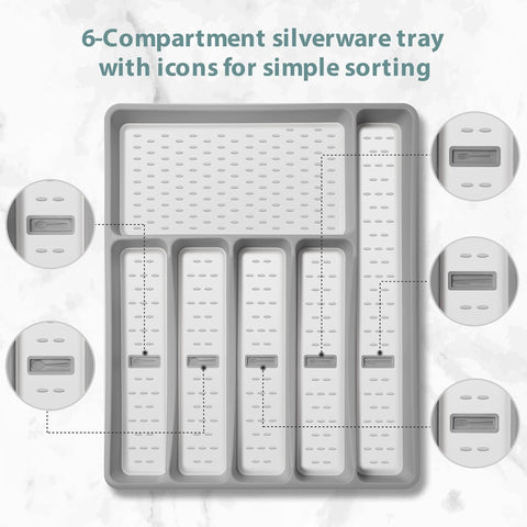 Image of Silverware Organizer with Icons,Plastic Cutlery Silverware Tray for Drawer,Utensil Tableware Flatware Organizer for Kitchen with Non-Slip Tpr,Fits Oversized Drawer,6-Compartment