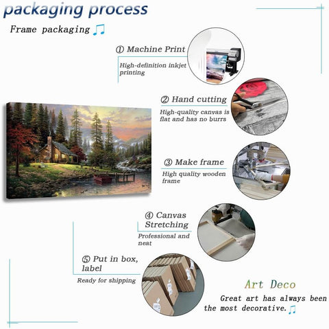 Image of Landscape Oil Painting Kinkade Wall Art Country Pastoral Pictures in Frame with Lake Mountain Wall Decor Cityscape Canvas Poster for Living Room Bedroom Decor (24X36In Frame,Tms-1)