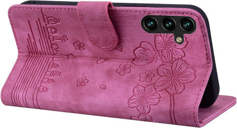 Image of Flip Case for Samsung Galaxy A24 6.5 Inch Cover, Premium PU Leather Magnetic Closure Case with Flip Wallet Stand Function Cover for Galaxy A24 - Cherry Cat Rose Red