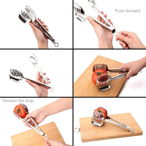 Image of Tomato Lemon Slicer Holder round Fruits Onion Shreader Cutter Guide Tongs with Handle Kitchen Cutting Potato Lime Food Stand Stainless Steel