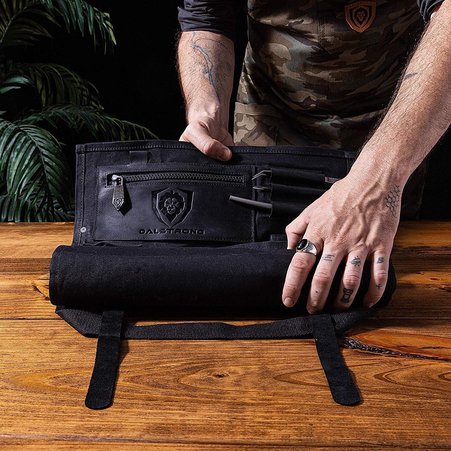 Carrier Bag Case, Nomad Knife Roll - 12Oz Heavy Duty Canvas & Top Grain Leather Roll Bag - 13 Slots - Interior and Rear Zippered Pockets - Blade Travel Storage/Case - Nightmaster (Black)