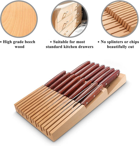 Image of In-Drawer Beechwood Knife Block Kitchen Knife Holder for Drawer Knife Drawer Organizer Insert - Fit for 15Pcs Knives