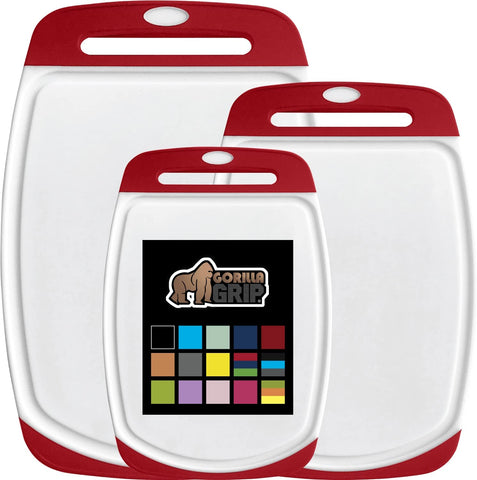 Image of The Original  Oversized 100% BPA Free Reversible Durable Kitchen Cutting Board Set of 3, Dishwasher Safe, Nonslip Handle Border Plastic Boards, Juice Grooves, Chopping Food, Cooking, Red