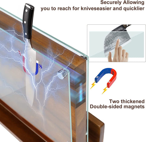 Image of Kitchen Magnetic Knife Block with Acrylic Shield Acacia Wood Double Side Knife Holder Rack Stands with Strong Enhanced Magnets Multifunctional Storage Knife Stand for Kitchen Cutlery Display Organizer