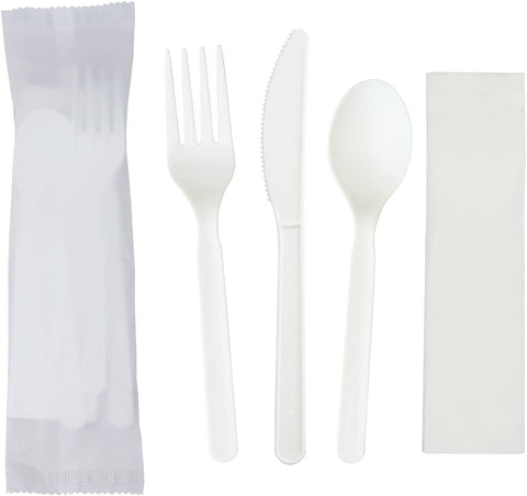 Image of 6" Compostable CPLA Cutlery Kits, BPI Certified,200 Sets (Fork, Spoon,Knife,Napkin 4 in 1) Individually Wrapped with Compostable Bags,Alternative to Plastic Disposable Utensils