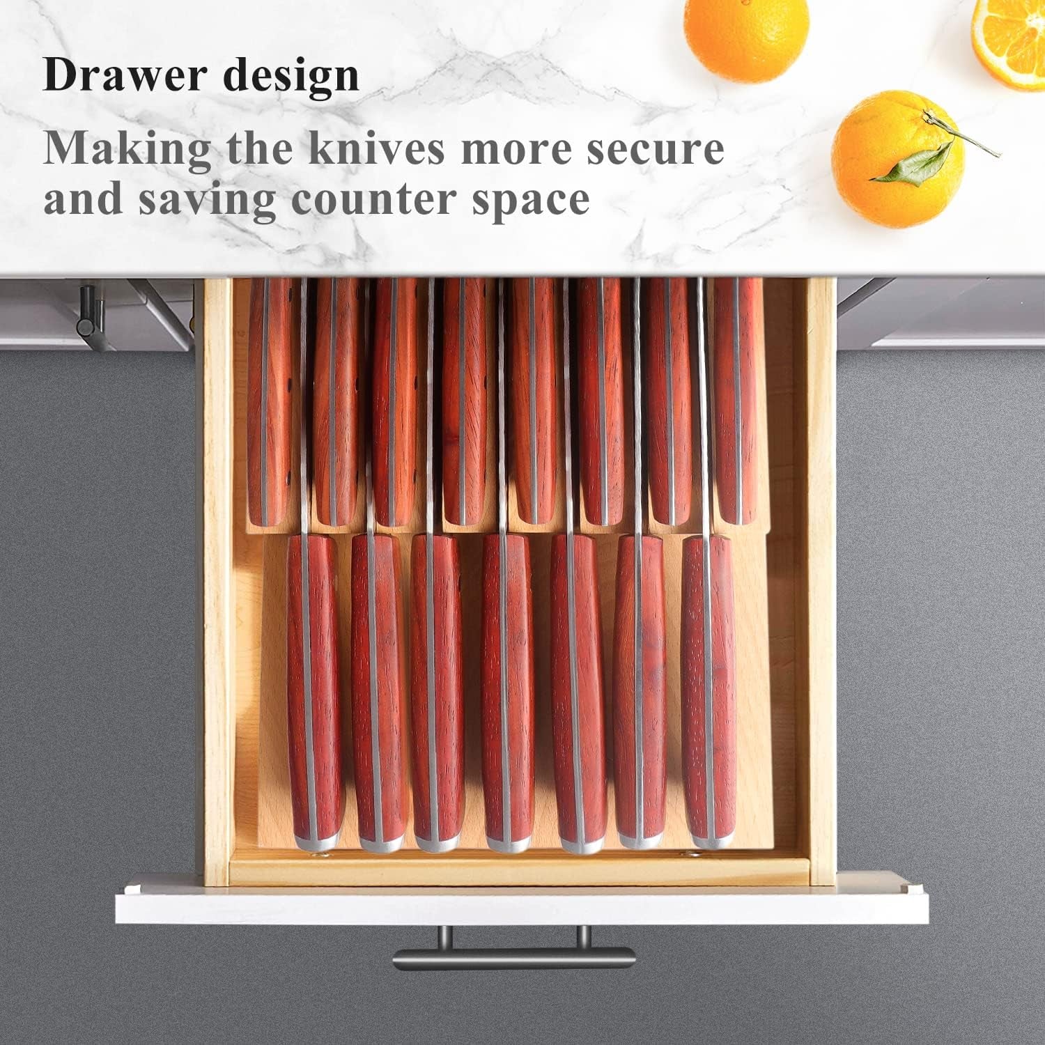 In-Drawer Beechwood Knife Block Kitchen Knife Holder for Drawer Knife Drawer Organizer Insert - Fit for 15Pcs Knives