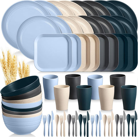 Image of 64 Pcs Wheat Straw Dinnerware Sets Unbreakable Plastic Plates Lightweight Bowls Dishes Cups Knives Forks Spoons Cutlery Dishwasher Microwave Safe for Camping Picnic Kid Adult (Classic Colors)