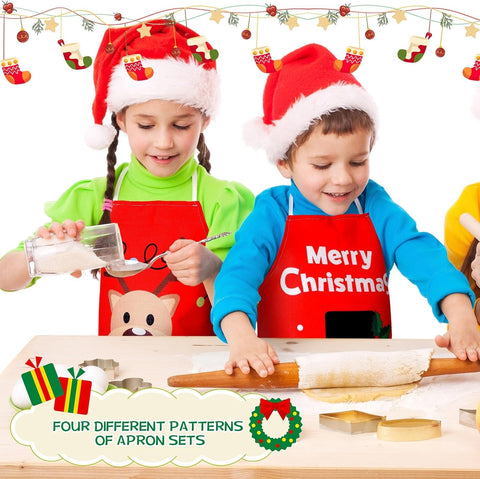 Image of 4 Sets Christmas Kids Apron and Chef Hat Boys Girls Aprons with 2 Pockets Hats Cooking Kitchen Painting Baking Wear
