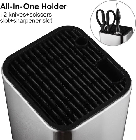 Image of Universal Knife Block without Knives,Modern Knife Holder for Kitchen Counter,Stainless Steel Knife Organizer with Scissors Slot & Sharpening Rod,Space Saver Rectangular Blocks & Storage - (Silver)