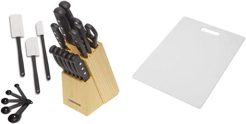 Image of 22-Piece Never Needs Sharpening Triple Rivet High-Carbon Stainless Steel Knife Block and Kitchen Tool Set, Black & 78892-10  Plastic Cutting Board, 11-Inch by 14-Inch, White