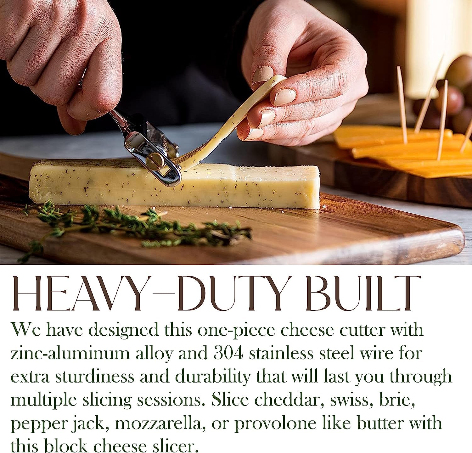 Stainless Steel Wire Cheese Slicer - Hand Held Cheese Cutter for Cheddar, Gruyere, Raclette, Mozzarella Cheese Block, Adjustable Cheese Shaver, Thick & Thin Slicer, Cheese Curler (Silver)