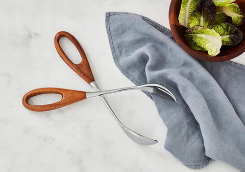 Image of Curvo Salad Scissors | 13 Inch Kitchen Tongs for Cooking, Salad, and Grilling | Made of Stainless Steel and Acacia Wood | Designed by Steve Cozzolino