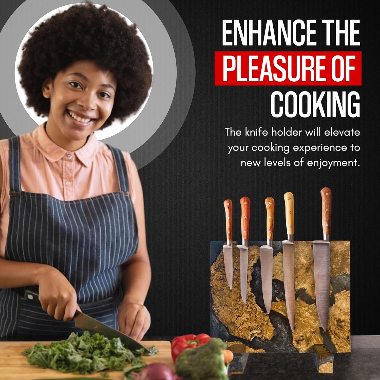 Magnetic Knife Block without Knives - Magnetic Knife Holder | Magnetic Knife Block for Kitchen Counter| Wooden Block Knife Holder | Kitchen Knife Magnetic Holder | Magnet Knife Block (Smoky Black)