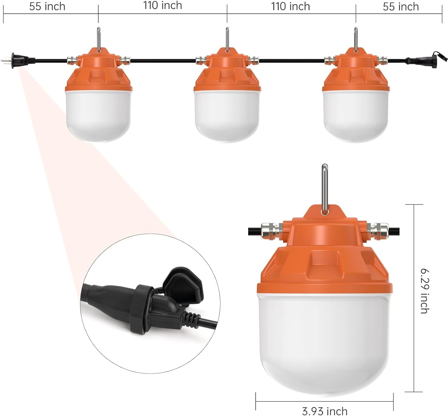 Durable IP67 Waterproof Construction String Lights for Construction Sites, Renovation, Walkways,Patio,Mine Cave, Outdoor, and Other Outdoor Lighting Solutions Use, 50FT, 75W