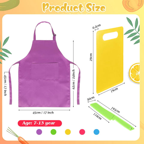 Image of 20 Pcs Kids Apron and Chef Hat Set Kids Plastic Knife Set with Cutting Board, 5 Toddler Apron 5 Chef Hat 5 Kid Safe Knives 5 Kids Chopping Board for Baking Cooking Club, Preschool Class