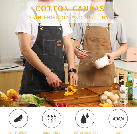Image of Canvas Cross Back Chef Cotton Aprons for Men Women with Large Pockets