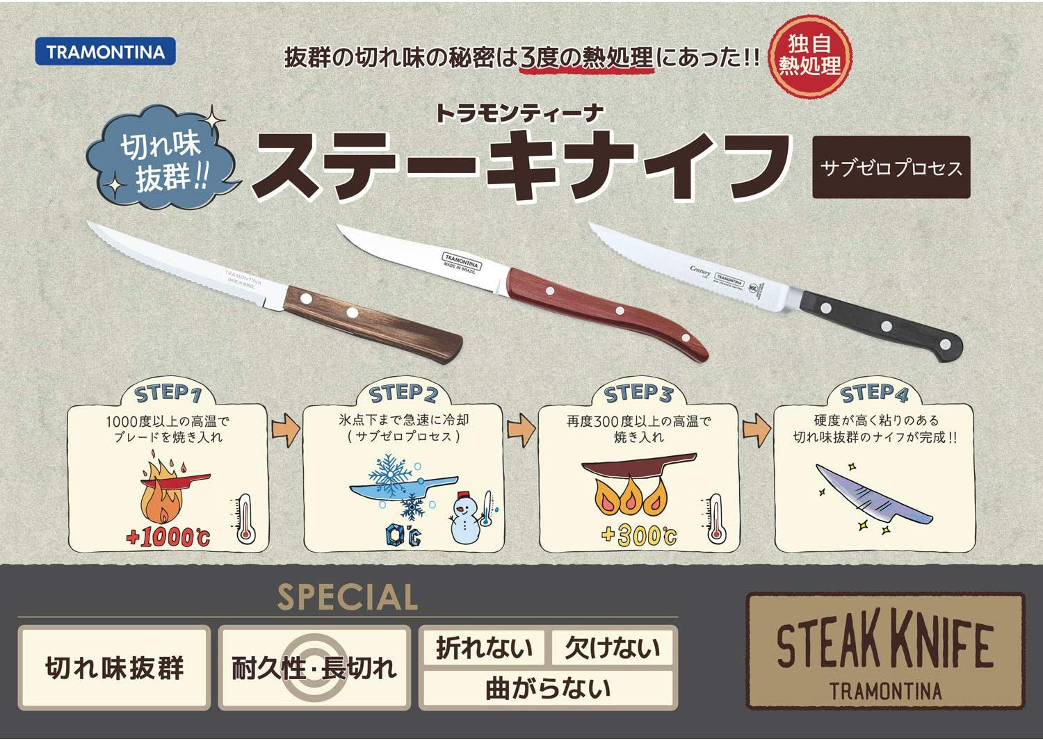 Tramontina Traditional Heavy Duty Natural Wood Handle Steak Knives 8.3" & Table Fork 7.5" & Tablespoon 7.5" Set of 3 3 Heat Treated Knives Lightweight Made in Brazil 22299/001 TRAMONTINA