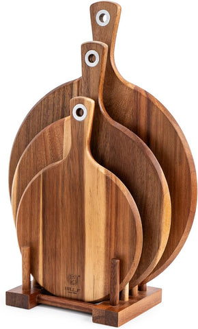 Image of BILL.F Acacia Pizza Peel, Set of 3 Acacia Wood Cutting Board 8" 10" 12" Inch Cutting Board, Cheese Paddle Board, Bread and Crackers Platter for Serving and Minor Food Prepare with Handle and Organizer