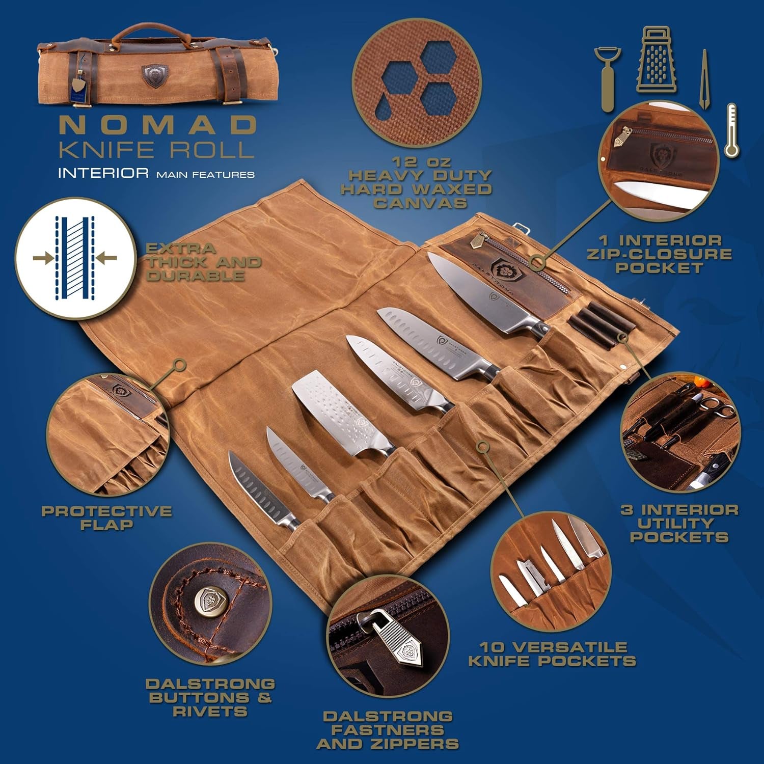 Carrier Bag Case, Nomad Knife Roll - 12Oz Heavy Duty Canvas & Top Grain Leather Roll Bag - 13 Slots - Interior and Rear Zippered Pockets - Blade Travel Storage/Case, Desert Drifter (Brown)