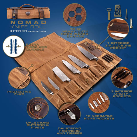 Image of Carrier Bag Case, Nomad Knife Roll - 12Oz Heavy Duty Canvas & Top Grain Leather Roll Bag - 13 Slots - Interior and Rear Zippered Pockets - Blade Travel Storage/Case, Desert Drifter (Brown)