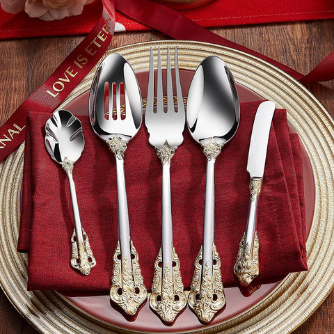 Image of Luxury 45 Pieces 18/10 Stainless Steel Flatware Set, Service for 8, Silver Plated with Gold Accents, Fine Silverware Set and Dishwasher Safe