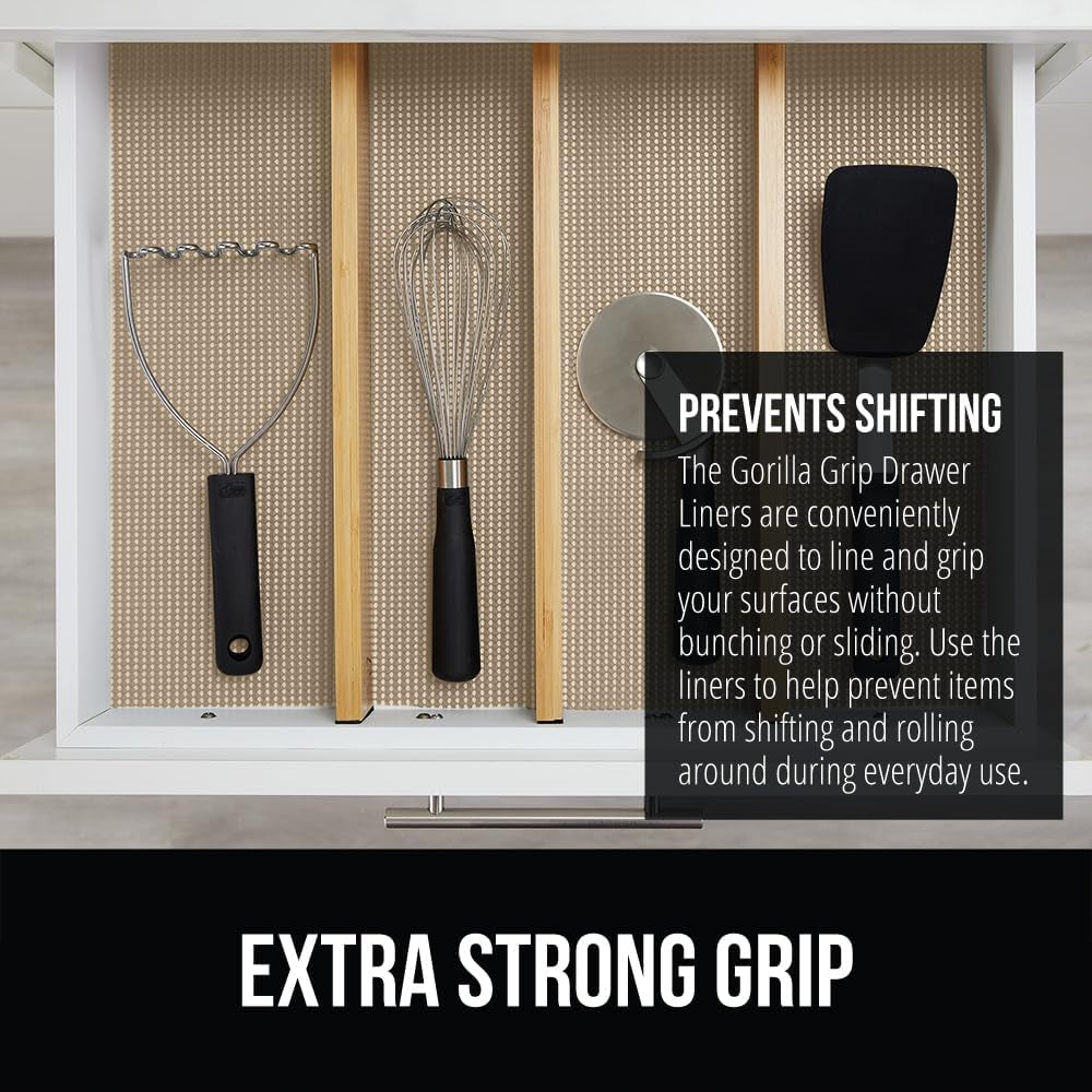 Drawer Shelf and Cabinet Liner, Thick Strong Grip, Non-Adhesive Liners Protect Kitchen Cabinets and Cupboard, Bathroom Drawers, Easy Install, Breathable Mat, 12" X20', Beige