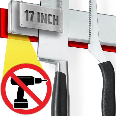 Image of Strong Adhesive (No Drill) Magnetic Knife Holder for Wall - Professional 17 Inch Knife Strip - No Screws Needed - Adhesive Backing - Stainless Steel Knife Bar (Upgraded Version β Will Not Fall)