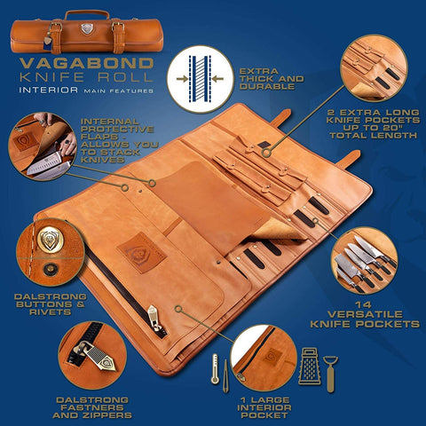Image of - Large Chef Knife Roll Bag - Brazilian Leather - California Brown - Vagabond Series - 16 Slots - Interior and Rear Zippered Pockets - Blade Travel Storage/Case
