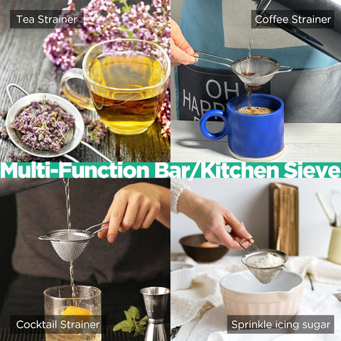 Image of Fine Mesh Sieve Strainer Stainless Steel Cocktail Strainer Food Strainers Tea Strainer Coffee Strainer with Long Handle for Double Straining Utensil 3.3 Inch
