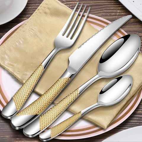 Image of Golden Michelangelo Silverware Set for 6, Elegant 18/10 Stainless Steel Flatware Set, Heavy Cutlery Sets for 6 People, Dishwasher Safe Luxury (24Pcs, Golden) Christmas