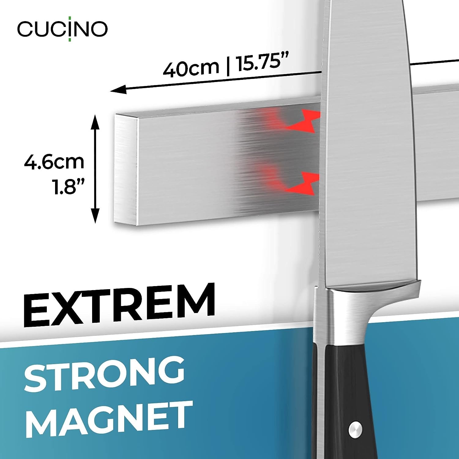 Magnetic Knife Holder for Wall 16" No Drilling Incl. Self Adhesive Tape - Extra Strong Knife Holder - Awarded Knife Magnetic Strip - Made of Stainless Steel