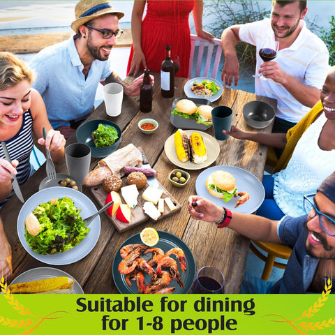Image of 64 Pcs Wheat Straw Dinnerware Sets Unbreakable Plastic Plates Lightweight Bowls Dishes Cups Knives Forks Spoons Cutlery Dishwasher Microwave Safe for Camping Picnic Kid Adult (Classic Colors)