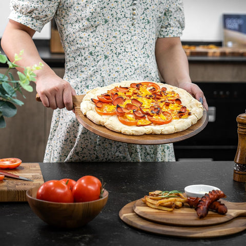 Image of BILL.F Acacia Pizza Peel, Set of 3 Acacia Wood Cutting Board 8" 10" 12" Inch Cutting Board, Cheese Paddle Board, Bread and Crackers Platter for Serving and Minor Food Prepare with Handle and Organizer