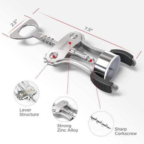 Image of Wine Opener, Zinc Alloy Wine Bottle Opener, Wing Corkscrew Heavy Duty, Manual Multifunctional Cork Screw for Waiter, Silver