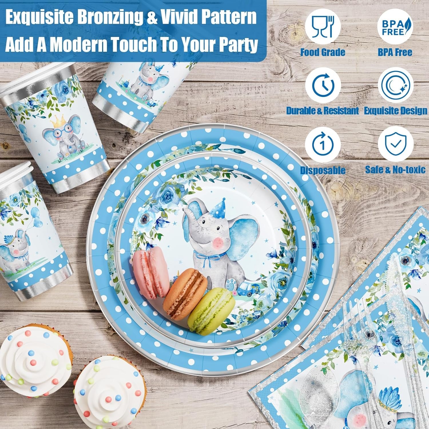 Elephant Baby Shower Decorations for Boy - 175PCS Blue Elephant Party Supplies Disposable Dinnerware (25 Guest) with Paper Plates Cups Napkins Plastic Forks Knives Spoons for Baby Boy Birthday