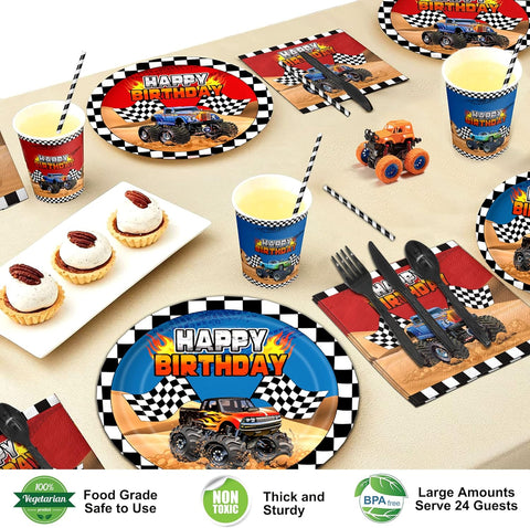 Image of 192Pcs Monster Large Truck Birthday Party Supplies Serves 24 Monster Large Truck Plates Napkins Knives Forks Spoons Straws Monster Large Truck Birthday Decorations Truck Party Favors for Kids