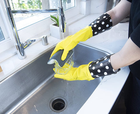 Image of Glam Reusable Latex Dishwashing Gloves for Kitchen or Cleaning, One Size, Yellow, 3 Pairs