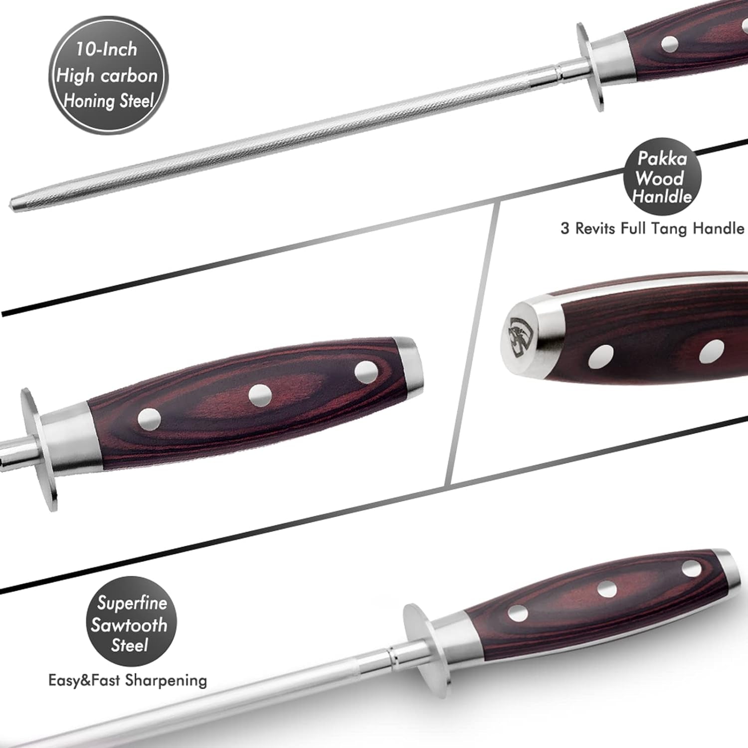 10 Inch Honing Steel with Pakkawood Handle, Knife Sharpener Rod, Professional Knife Sharpening Steel