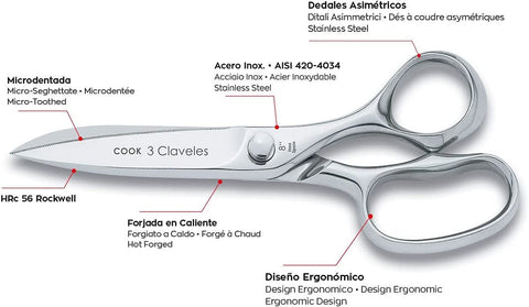 Image of Prof Professional Stainless Steel Cook'S Scissors Line Cook for Meat Fish, Gloss, Chicken Hunting Pizza Microserrated Edge Kitchen Accessories 8" - 20 Cm