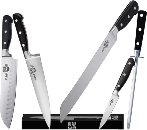 Image of Complete Kitchen Knife Set - Classic Collection - 8" Chef'S Knife, 7" Santoku, 3.5" Paring Knife, 10" Bread Knife, and 8" Honing Rod - Knives Set without Block or Roll Bag - Conquer Your Kitchen
