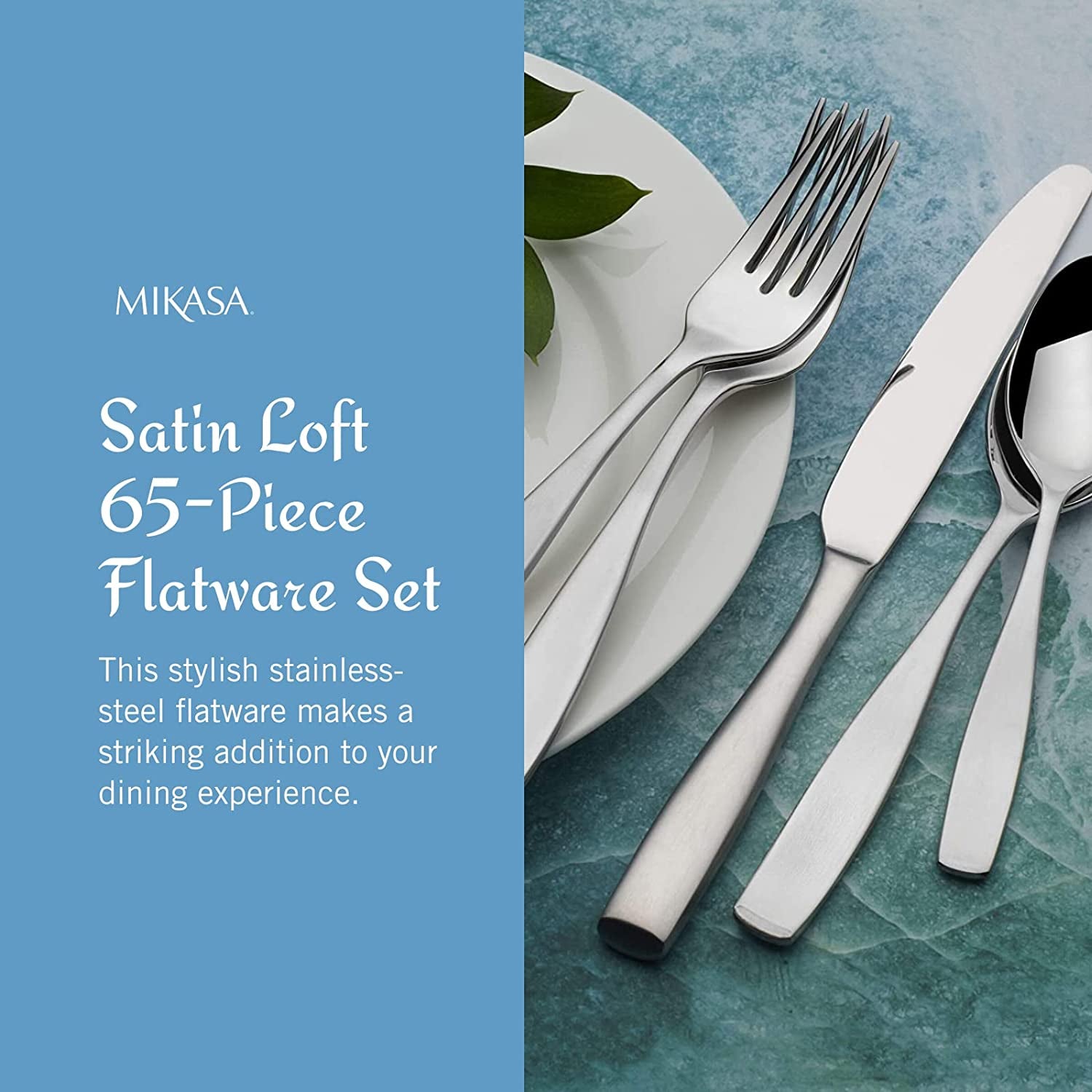 5081298 Satin Loft 65-Piece 18/10 Stainless Steel Flatware Set with Serving Utensil Set, Service for 12