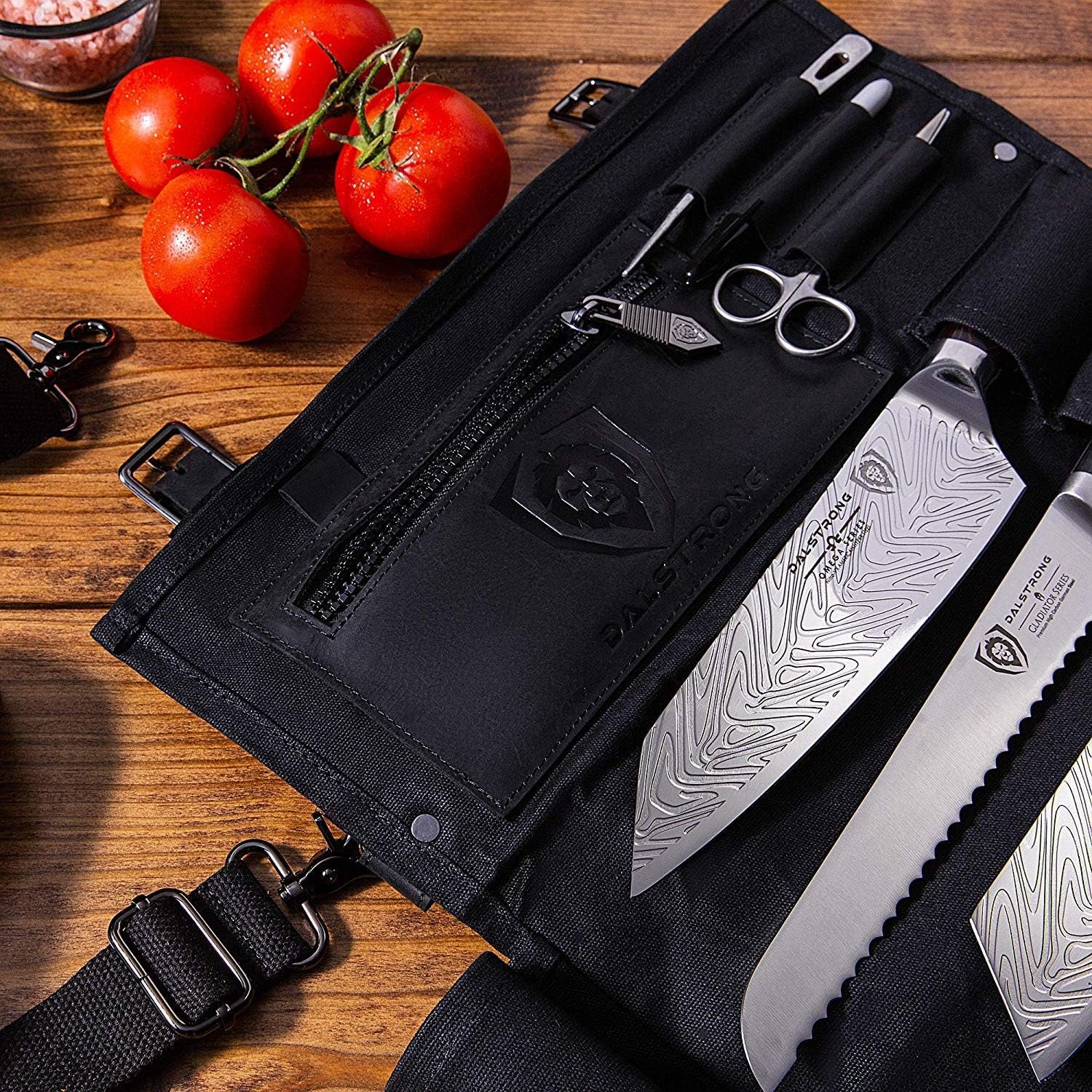 Carrier Bag Case, Nomad Knife Roll - 12Oz Heavy Duty Canvas & Top Grain Leather Roll Bag - 13 Slots - Interior and Rear Zippered Pockets - Blade Travel Storage/Case - Nightmaster (Black)