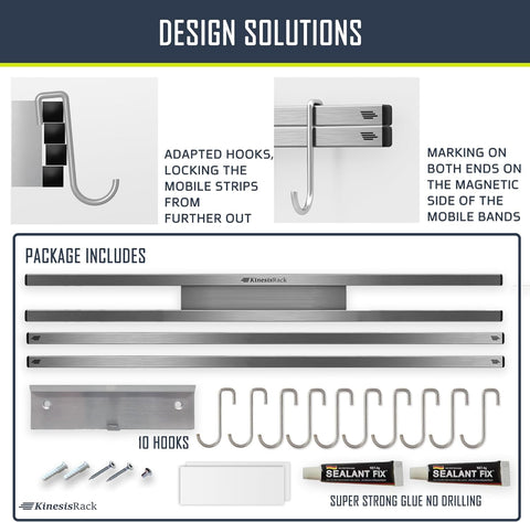 Image of Magnetic Knife Holder for Wall 16'' up to 30 Inches Extended. New Generation of Knife Magnetic Strip Rack with 10 Hooks, Kitchen Utensils Organizer. 4 Powerful Magnet for All Tools Holder