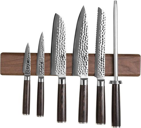 Image of Walnut Wood Knife Magnetic Strips 16 Inch, Double Row round Magnets Magnetic Knife Holder for Wall -Magnetic Knife Bar- Works with Kinds of Kitchen Tools -Space Saver Knife Rack