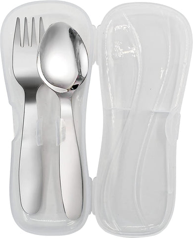 Image of 2 Pieces Children Fork Spoon Set with Travel Case for Lunch Box, 18/8 Stainless Steel Kids Silverware Flatware Set Kids Utensil Set for School, 5.9In (Fork Spoon)