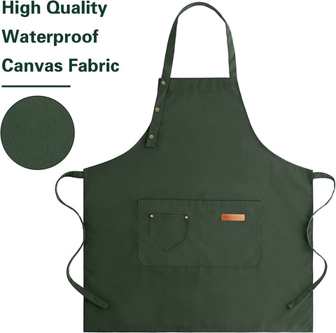 Image of Apron for Men Women with Adjustable Straps and Large Pockets, Canvas Cotton Cooking Kitchen Chef Bib Aprons Waterproof Green