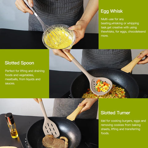 Image of Silicone Kitchen Utensils Set - Heat Resistant Silicone Cooking Utensils for Cooking Wooden Handles, Spatula Set, Kitchen Utensil Tools and Gadgets Sets for Non-Stick Cookware (Khaki)
