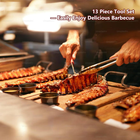 Image of 13Pcs Grill Tools Set for Outdoor Grill Heavy Duty Grill Utensils Set Stainless Steel BBQ Grill Accessories Kit Grill Spatula Tong Skewers Stored in Sturdy Cases