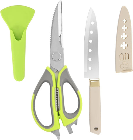 Image of Kitchen Shears Heavy Duty Kitchen Scissors with Magnetic Holder Multi Purpose Kitchen Scissors and a Paring Knife, Dishwasher Safe Kitchen Shear for Meat, Vegetables (Green and Grey Magnetic Scissors)
